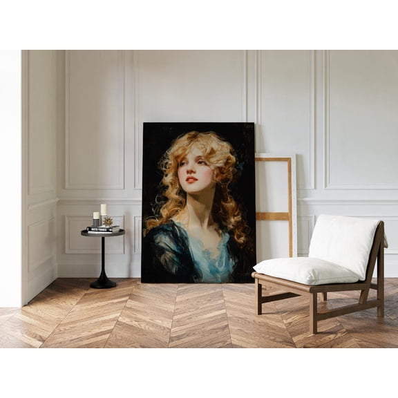 Velto Elegant Blonde Woman Portrait Canvas Art - Romantic Vintage Wall Art of Lady in Blue Dress with Golden Curls, SIZE 8x10 INCLUDE Pine Wood Frame 1.25-Inch