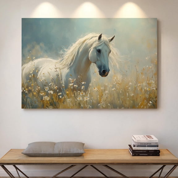 Velto Elegant White Horse In Wildflower Meadow | Serene Farmhouse Canvas Art | Nature-Inspired Equestrian Decor For Horse & Flower Lovers Canvas, 8x10 UNFRAMED