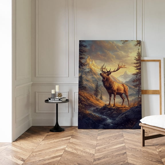 Velto Elk Canvas Wall Art | Majestic Bugling Elk In Sunset Mountain Scene | Rustic Wildlife Decor In Vintage Style Canvas, 8x12 UNFRAMED