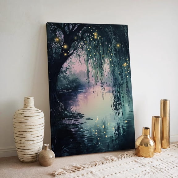 Velto Enchanted Forest Canvas Wall Art Moonlit Lake Whimsical Landscape Fairytale Tree Nature Inspired Artwork, SIZE 8x10 INCLUDE Pine Wood Frame 1.25-Inch