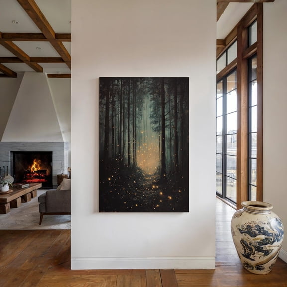 Velto Enchanted Forest With Fireflies | Mystical Glow Canvas Art | Magical Nature Wall Décor For Tranquil Spaces Canvas, 8x12 0.75-Inch Pine Wood Frame