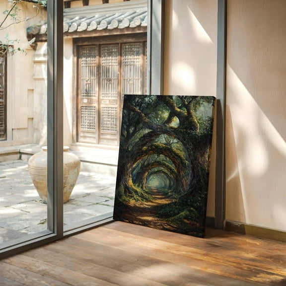 Velto Enchanted Forest Path Canvas Art Mystical Woodland Landscape with Arching Trees Fantasy Inspired Serene Nature Wall Decor, SIZE 12x16 INCLUDE Pine Wood Frame 1.25-Inch