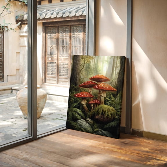 Velto Enchanted Mushroom Forest Canvas Art Vibrant Woodland Scene with Amanita Mushrooms Nature Inspired Wall Decor, SIZE 12x16 INCLUDE Pine Wood Frame 1.25-Inch