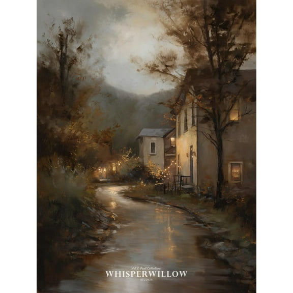 Velto Enchanting Moody Autumn Stream, Rustic Village Landscape, Cozy Warm Lights Fall Decor, Muted Country Scene Canvas, 8x10 UNFRAMED