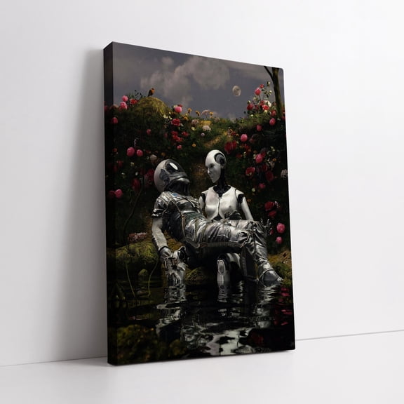 Velto Eternal Love In A Robotic Garden - Surreal Art Of An Astronaut And Robot In A Flowering Landscape, Unique Home Decor Canvas, 12x16 UNFRAMED