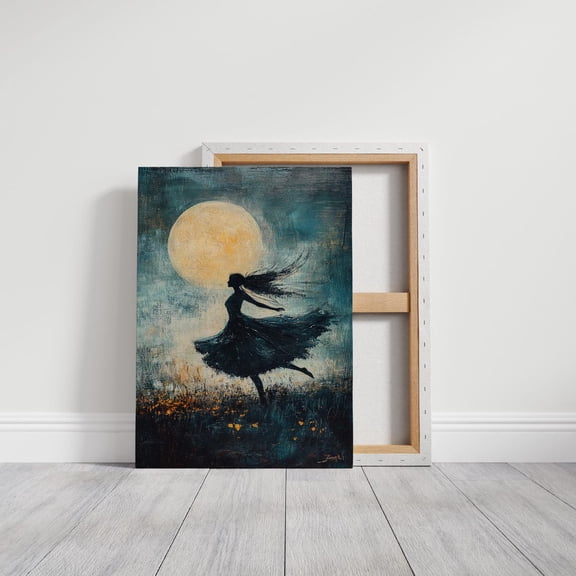 Velto Ethereal Silhouette Dancing Under Full Moon | Dreamy Midnight Canvas Art | Whimsical Abstract For Modern Wall Decor Canvas, 16x24 UNFRAMED