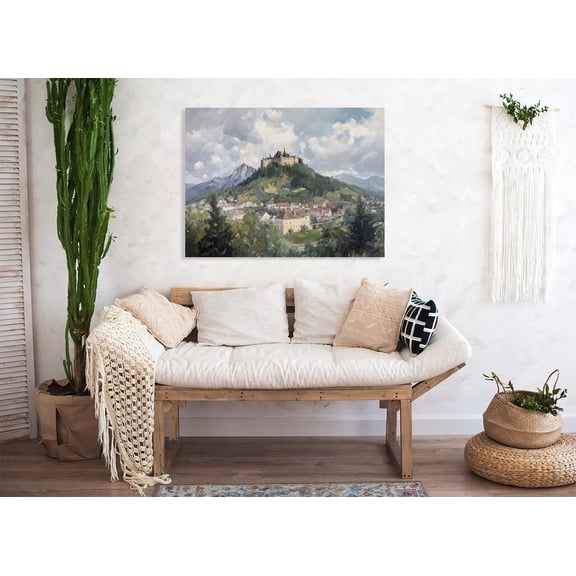 Velto European Castle Landscape, Mountain Countryside, Classic Impressionist Fine Art, Old-World Medieval Canvas, 12x16 UNFRAMED