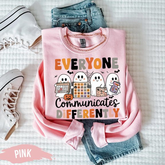 Velto Everyone Communicates Differently Sweatshirt, | Happy Holiday Ghost AAC Shirt | Autism Awareness Pullover All Size S-3XL