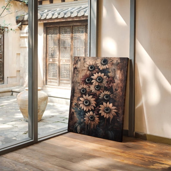 Velto Eyeball Sunflower Canvas, Surreal Horror Floral Wall Art, Gothic Oddities Decor, SIZE 8x10 INCLUDE Pine Wood Frame 1.25-Inch