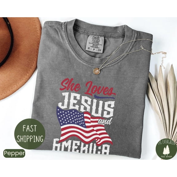 Velto Faith and T-shirt, Christian Patriotic Graphic Apparel, She Loves Jesus and America Too Outfit, Independence Day Clothing, Full Size S-5XL