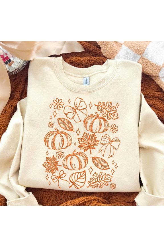 Fall Sweatshirt, Retro Collage Crewneck Sweatshirt, Boho Autumn Sweatshirt, Pumpkins, fall Leaves, Bows Graphic Image Sweatshirt All Size S-3XL