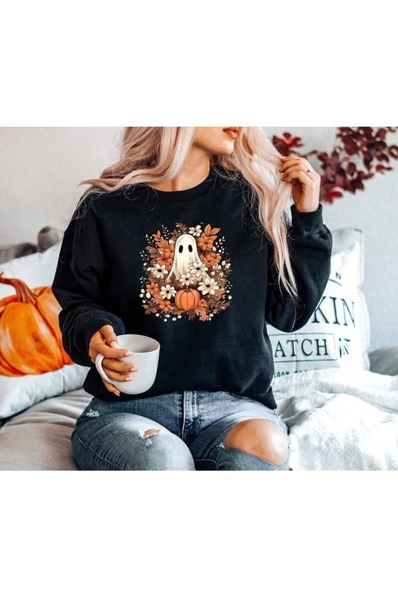 Fall Sweatshirt, Spooky Sheep Shirt, Ghost Sweater, Floral Ghost Sweatshirt, Floral Ghost Shirt, Fall Sweater, Shirt All Size S-5XL