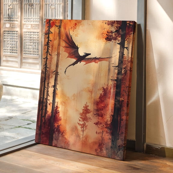 Velto Fantasy Autumn Dragon Wall Art – Forest Landscape with Flying Dragon, Rustic Fall Decor for Fantasy & Nature Lovers, SIZE 12x18 INCLUDE Pine Wood Frame 0.75-Inch