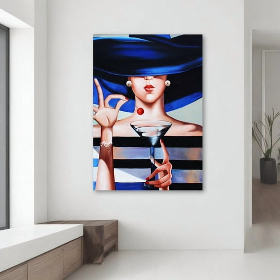 Velto Fashion Woman With Blue Hat Martini, Chic Canvas Art For Home Decor, Elegant Wall Decor, Sophisticated Housewarming Gift Canvas, 8x10 UNFRAMED