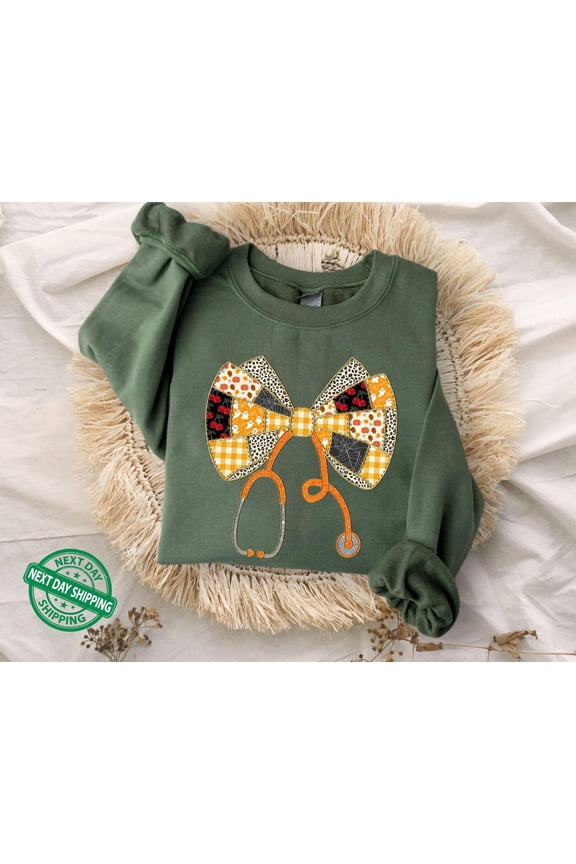 Faux Glitter Stethoscope Patchwork Coquette Happy Holiday Sweatshirt, Spooky Nurse Sweater, Nurse Life Sweater, ICU Nurse ,ER Nurse All Size S-3XL