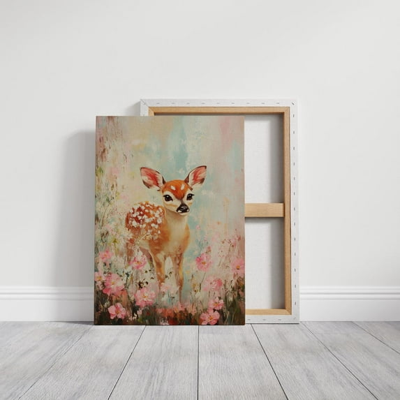 Velto Fawn Canvas Wall Art - Baby Deer In Spring Blossoms, Whimsical Pastel Animal, Woodland Nursery Decor, Nature-Inspired Home Artwork Canvas, 8x10 UNFRAMED