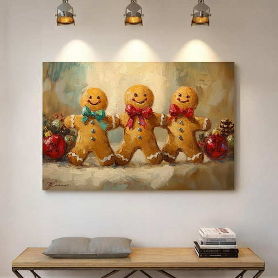 Velto Festive Gingerbread Trio Canvas – Holiday Kitchen Art with Cute Gingerbread Men and Cozy Charm, SIZE 16x24 INCLUDE Pine Wood Frame 1.25-Inch