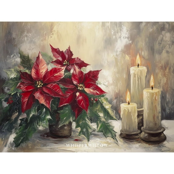 Velto Festive Poinsettia And Candles, Holiday Spirit Home Decor, Winter Holiday Red Flower Wall Art Canvas, 16x24 UNFRAMED