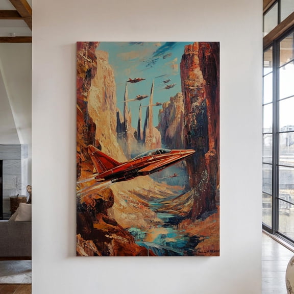 Velto Fighter Jet Canvas Wall Art Red Sci Fi Spacecraft Racing Through Canyon Futuristic Room Decor, SIZE 8x12 INCLUDE Pine Wood Frame 0.75-Inch