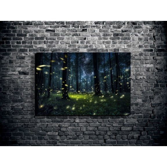 Velto Fireflies Glowing in the Forest Canvas – Starlit Fireflies in the Woods for Gallery-Style Home Decor, SIZE 12x16 INCLUDE Pine Wood Frame 0.75-Inch