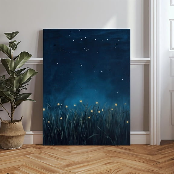 Velto Fireflies In The Grass At Night, Dark Blue Starry Sky, Lightning Bugs Art, Magical Evening Wall Decor Canvas, 16x24 0.75-Inch Pine Wood Frame