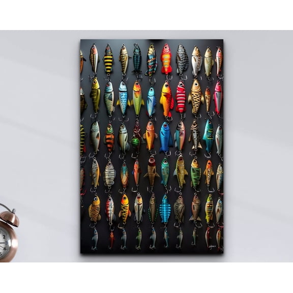 Velto Fishing Lures Canvas Art Rustic Sporting Illustration Lake and Saltwater Inspired Man Cave Wall Decor, SIZE 12x16 INCLUDE Pine Wood Frame 1.25-Inch