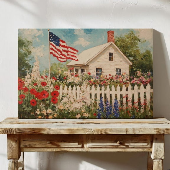 Velto Flag Cottage Canvas, Patriotic Country Home Wall Art, Garden Flowers Landscape Decor, SIZE 12x16 INCLUDE Pine Wood Frame 1.25-Inch