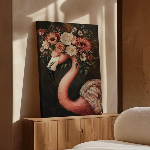 Velto Flamingo Canvas Wall Art - Elegant Floral Crown Vintage Style, Pink Bird Artwork For Chic Home Decor, Unique Tropical Aesthetic Canvas, 8x10 UNFRAMED