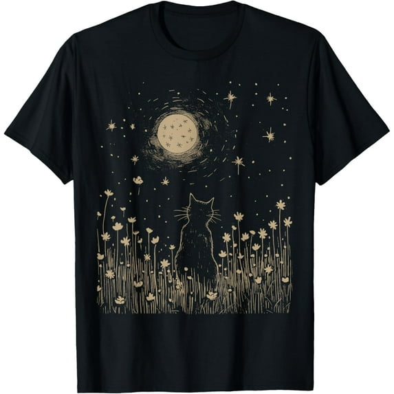 Velto Floral Black Cat Moon Cottagecore Aesthetic T-Shirt All Size S-5XL