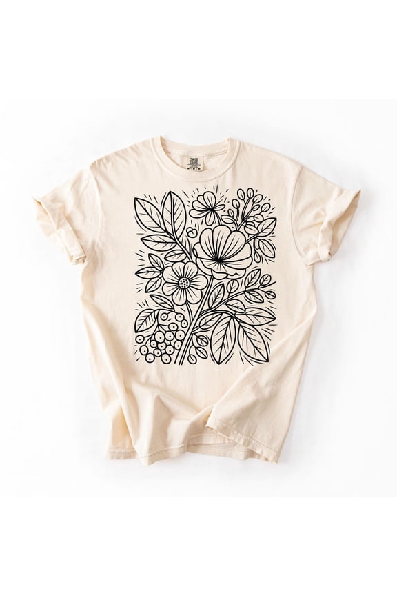 Floral Botanical Line Art T-Shirt Espresso Nature Inspired Retro Flower Tee" All Size S-5XL