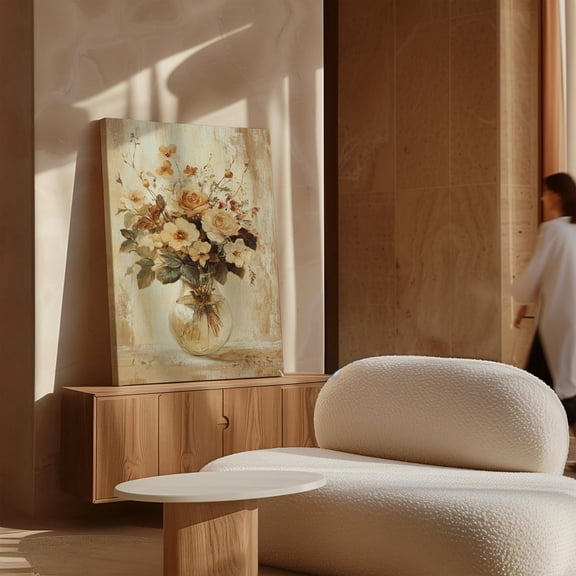 Velto Floral Canvas Art Vintage Beige Roses in Glass Vase Rustic Botanical Cottagecore Shabby Chic Inspired Wall Decor, SIZE 8x10 INCLUDE Pine Wood Frame 1.25-Inch