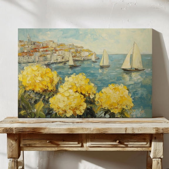 Velto Floral Canvas Art Yellow Hydrangea Botanical Illustration Coastal Seaside Flowers Rustic Seascape Wall Decor, SIZE 8x12 INCLUDE Pine Wood Frame 1.25-Inch