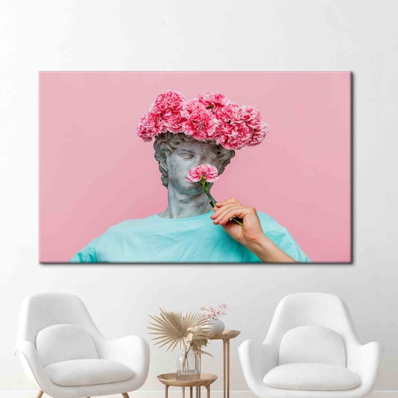Velto Floral Canvas, Bust Wall Art, Antique Bust Artwork, Statue Canvas, Sculpture Canvas, Carnations Canvas, 8x12 0.75-Inch Pine Wood Frame