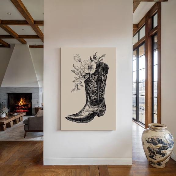 Velto Floral Cowboy Boot Ink Art Canvas - Vintage Western Wall Art, SIZE 8x10 INCLUDE Pine Wood Frame 1.25-Inch