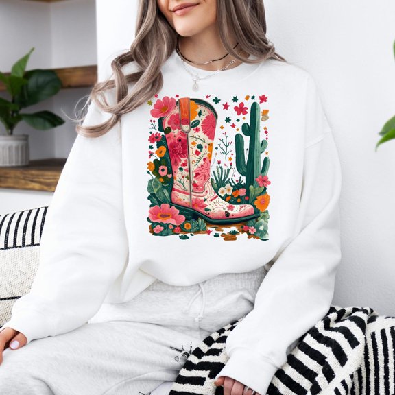 Velto Floral Cowboy Boot Sweatshirt: Rustic Western Pullover All Size S-5XL