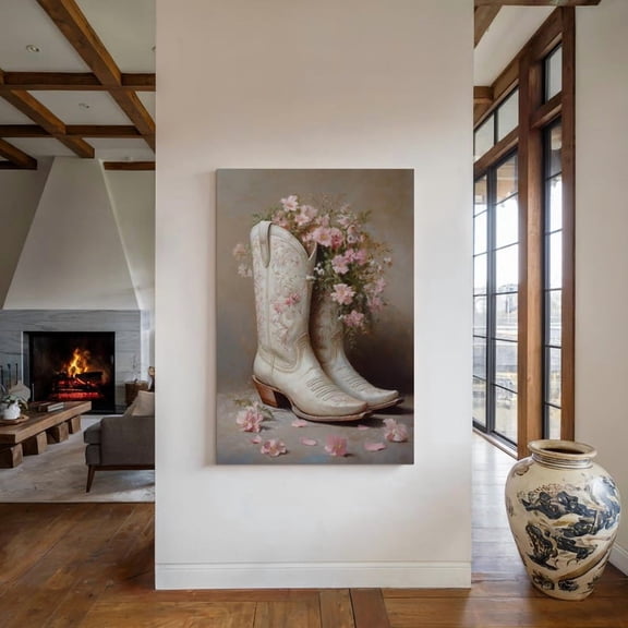 Velto Floral Cowboy Boots Canvas Art Shabby Chic Western Decor Vintage Country Wall Rustic Farmhouse Aesthetic Wall Art, SIZE 8x10 INCLUDE Pine Wood Frame 1.25-Inch
