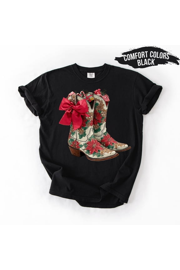 Floral Cowgirl Boots Shirt, Western Holiday Tee, Poinsettia Cowboy Boots Top, Natural Color T-Shirt All Size S-5XL