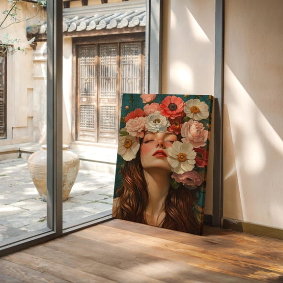 Velto Floral Crown Portrait Canvas, Feminine Bloom Vintage Wall Art, Romantic Bedroom Decor, SIZE 8x10 INCLUDE Pine Wood Frame 1.25-Inch