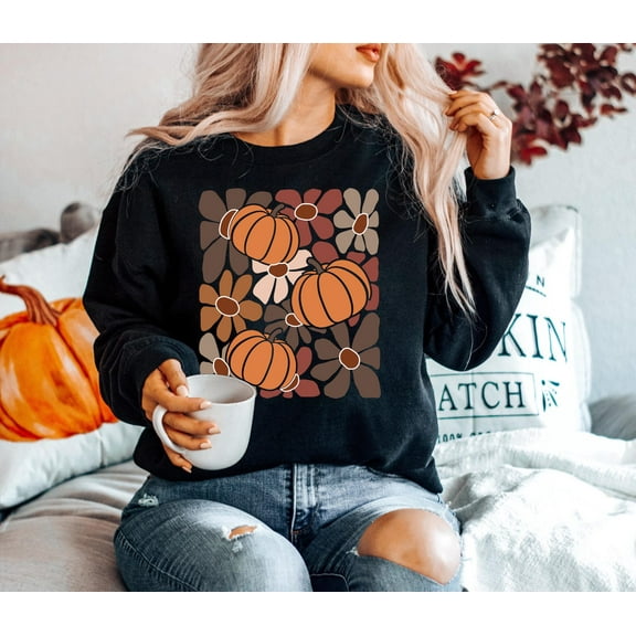Velto Floral Pumpkin Sweatshirt: Boho Fall Crewneck Sweater All Size S-5XL