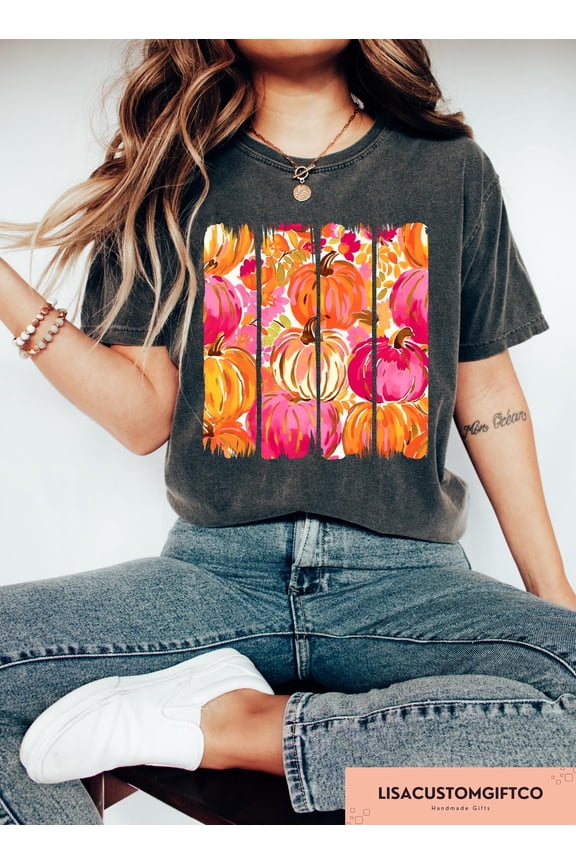 Floral Pumpkin T-shirt, Autumn Fall Graphic Apparel, Seasonal Retro Outfit, Cute Holiday Gift Clothing for Women Fullsize S-5XL Shirt