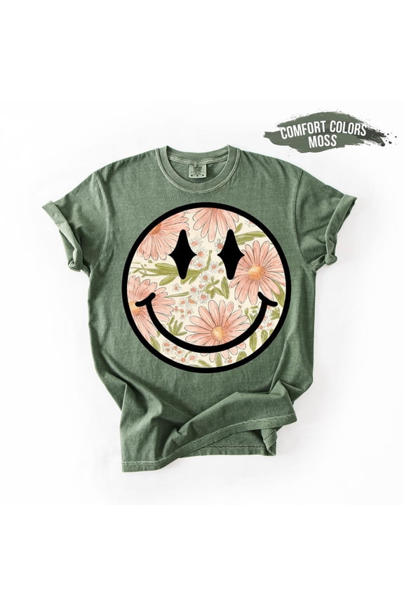 Floral Smiley Face Shirt, Retro Happy Face T-Shirt, Aesthetic Daisy Graphic Tee, Cute Summer Boho Shirt, Groovy Tee All Size S-5XL