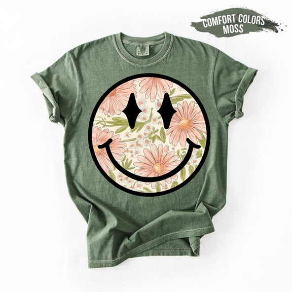 Velto Floral Smiley Face Shirt, Retro Happy Face T-Shirt, Aesthetic Daisy Graphic Tee, Cute Summer Boho Shirt, Groovy Tee All Size S-5XL