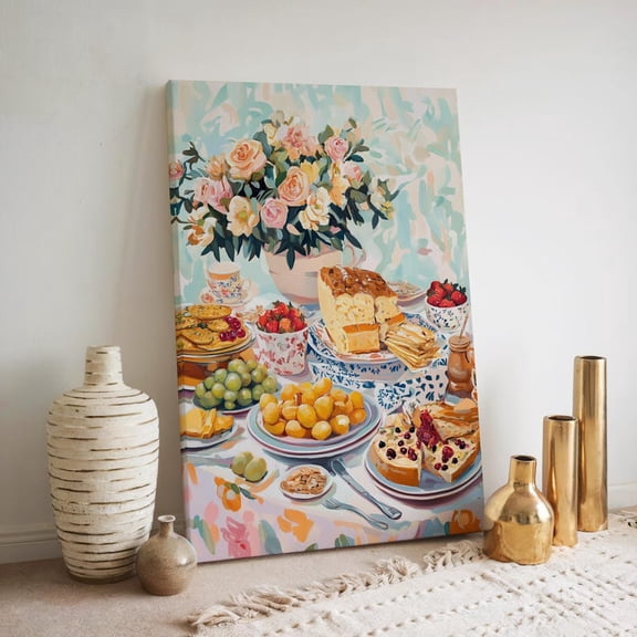 Velto Floral Table Canvas Wall Art Romantic Still Life Illustration Dessert Tea Party Kitchen Inspired Decorative Artwork, SIZE 12x18 INCLUDE Pine Wood Frame 1.25-Inch