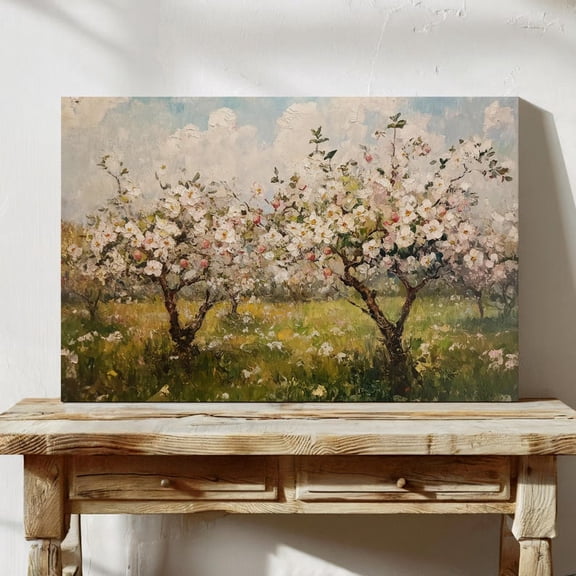 Velto Floral Tree Canvas Wall Art Apple Orchard Bloom Illustration Peaceful Spring Landscape Decorative Artwork, SIZE 8x10 INCLUDE Pine Wood Frame 1.25-Inch