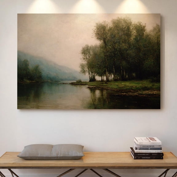 Velto Foggy Forest River Landscape Canvas – Moody Misty Trees Reflected In Water, Serene Nature Tranquil Woodland Decor Canvas, 12x16 UNFRAMED