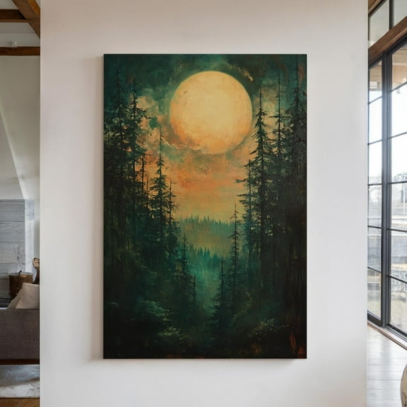Velto Forest Moon Canvas Wall Art - Enchanted Pine Trees Under Full Moon, Mystical Night Landscape, Dark Woodland Decor, Nature Wall Canvas, 8x10 UNFRAMED