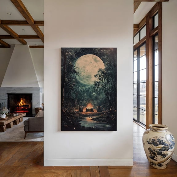 Velto Forest Moonlight Canvas Art Enchanting Night Scene Mystical Woodland Firelight Witchy Full Moon Inspired Wall Decor, SIZE 16x24 INCLUDE Pine Wood Frame 1.25-Inch