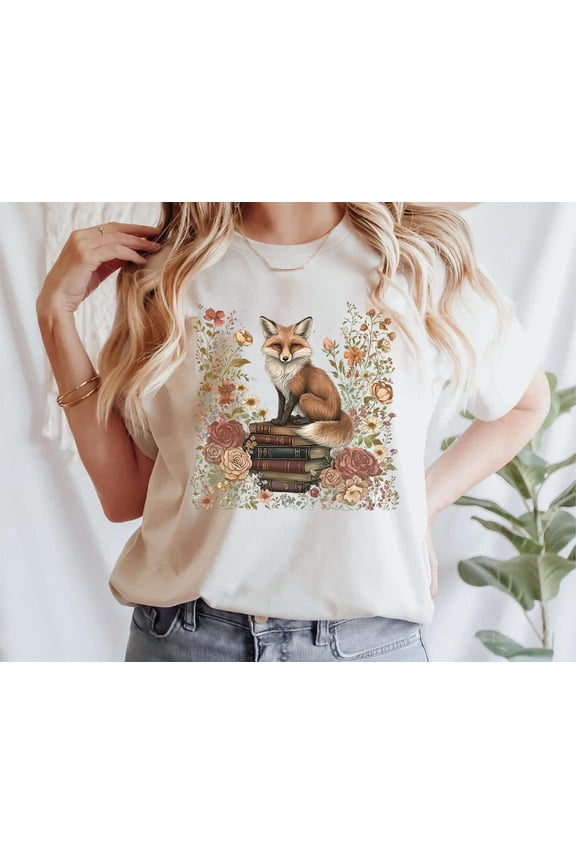 Fox and Book Shirt, Cute Flower Fox Shirt, Vintage Floral Cottagecore Shirt, Wildflower Meadow,Fairycore Tee,Forestcore TShirt,Botanical Fox All Size S-5XL