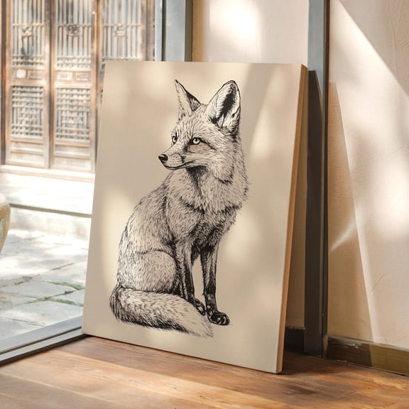 Velto Fox Ink Drawing Canvas Art Black and White Wildlife Rustic Woodland Animal Decor for Nature-Inspired Home, SIZE 8x10 INCLUDE Pine Wood Frame 1.25-Inch