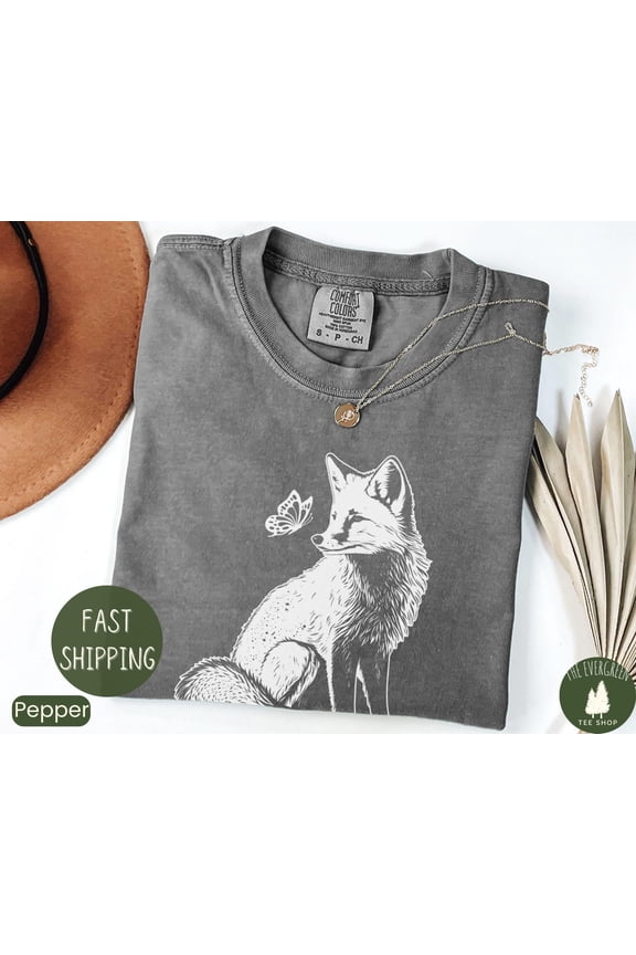 Fox and Butterfly T-shirt, Organic Cotton Nature Graphic Apparel, Vegan Friendly Hand Drawn Outfit, Gift Clothing for Moms Fullsize S-5XL Shirt